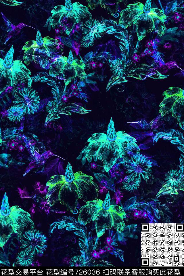 手绘半透明花卉数码印花花型下载（图片编号: 726036） - 瓦栏（Walan）