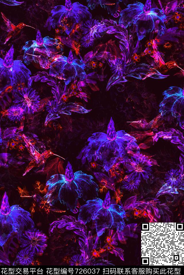 手绘半透明花卉数码印花花型下载（图片编号: 726037） - 瓦栏（Walan）