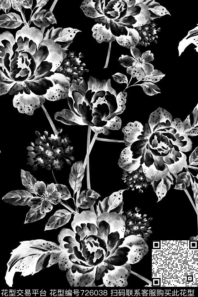 手绘黑白透明花卉.jpg - 726038 - 手绘 黑白 透明 - 数码印花花型 － 女装花型设计 － 瓦栏