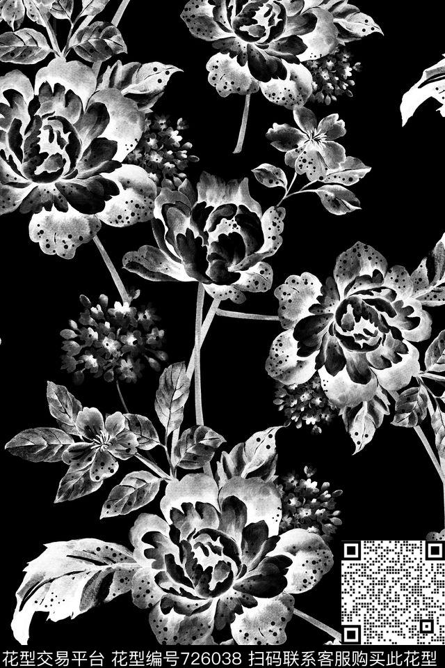手绘黑白透明数码印花花型下载（图片编号: 726038） - 瓦栏（Walan）