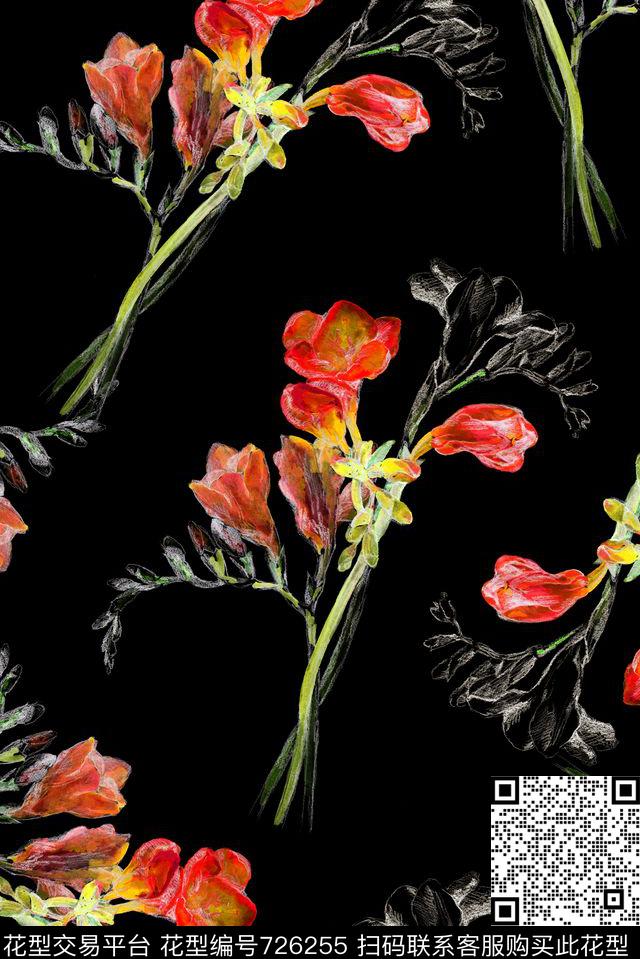 手绘花卉线描植物.jpg - 726255 - 手绘 花卉 线描 - 数码印花花型 － 女装花型设计 － 瓦栏