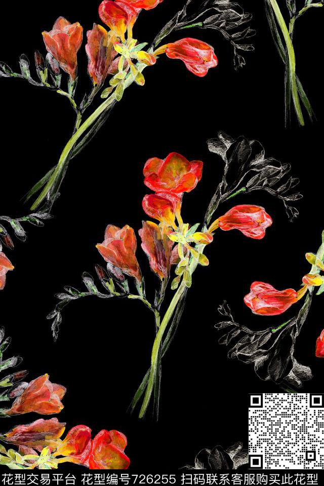 手绘花卉线描数码印花花型下载（图片编号: 726255） - 瓦栏（Walan）