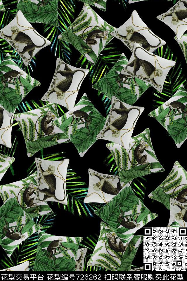 热带宗树林猴子.jpg - 726262 - 动物迷彩 猴子 热带棕树叶芭蕉叶 - 数码印花花型 － 女装花型设计 － 瓦栏