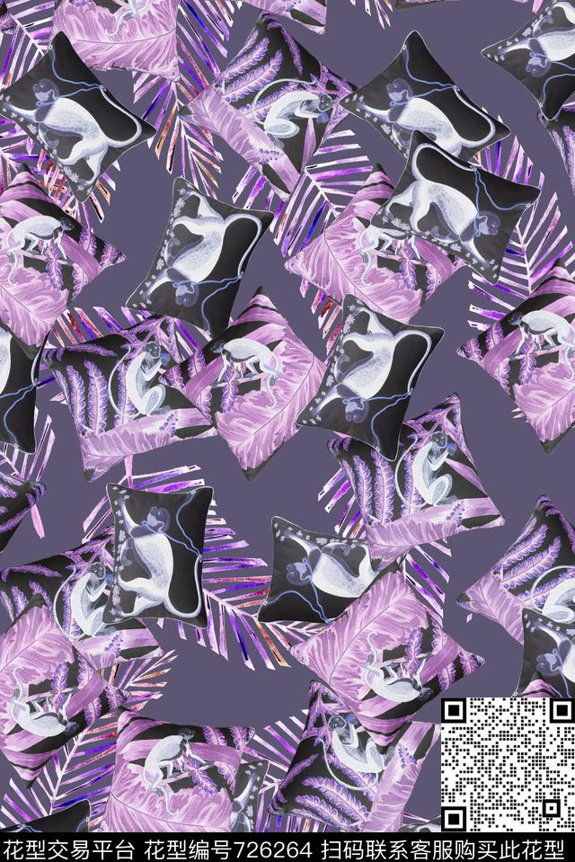 热带宗树林猴子紫.jpg - 726264 - 动物迷彩 猴子 热带棕树叶芭蕉叶 - 数码印花花型 － 女装花型设计 － 瓦栏