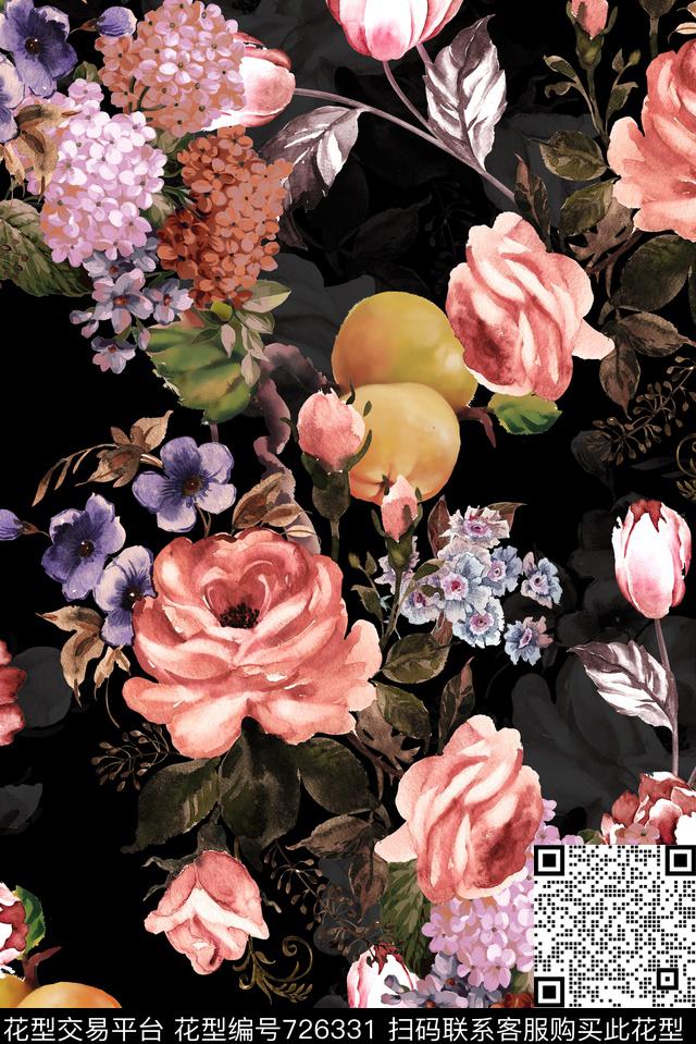 黑底手绘水彩数码印花花型下载（图片编号: 726331） - 瓦栏（Walan）