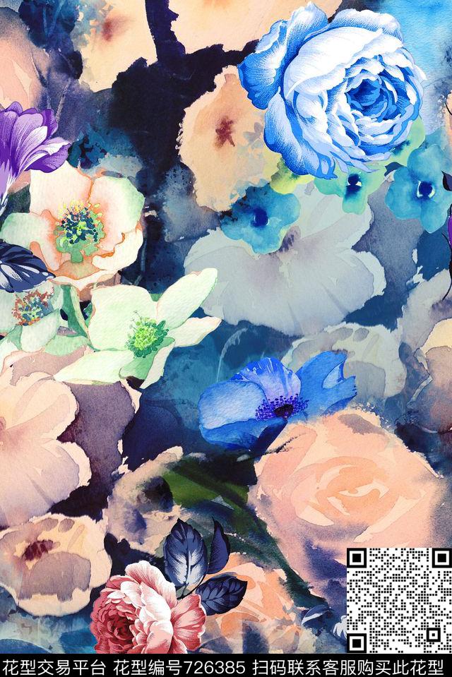 手绘水彩花卉数码印花花型下载（图片编号: 726385） - 瓦栏（Walan）