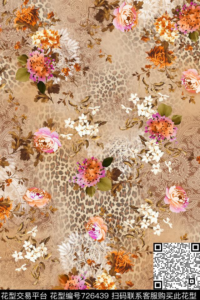 豹纹花卉叶子数码印花花型下载（图片编号: 726439） - 瓦栏（Walan）
