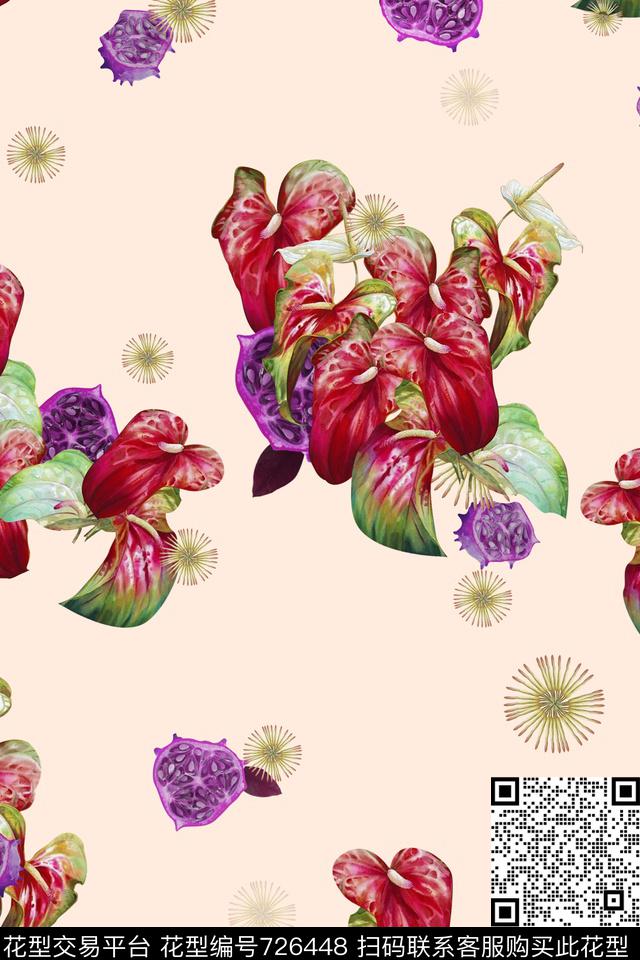 花卉大叶几何数码印花花型下载（图片编号: 726448） - 瓦栏（Walan）