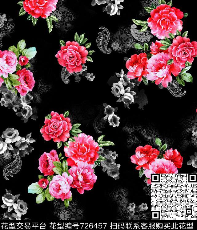 牡丹花朵花卉数码印花花型下载（图片编号: 726457） - 瓦栏（Walan）