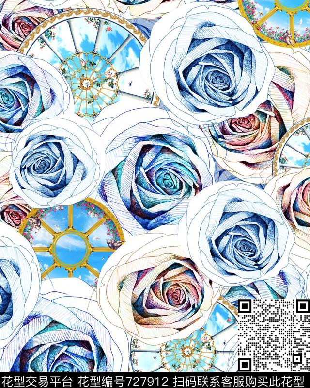 抽象手绘玫瑰数码印花花型下载（图片编号: 727912） - 瓦栏（Walan）