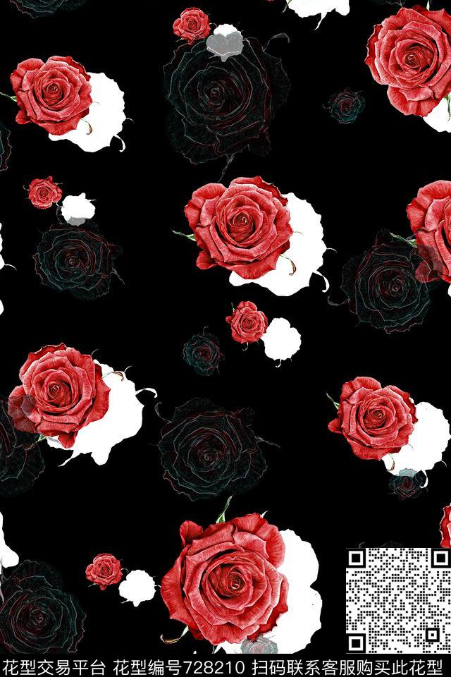 红色玫瑰.jpg - 728210 - 花卉 玫瑰 黑底 - 数码印花花型 － 女装花型设计 － 瓦栏