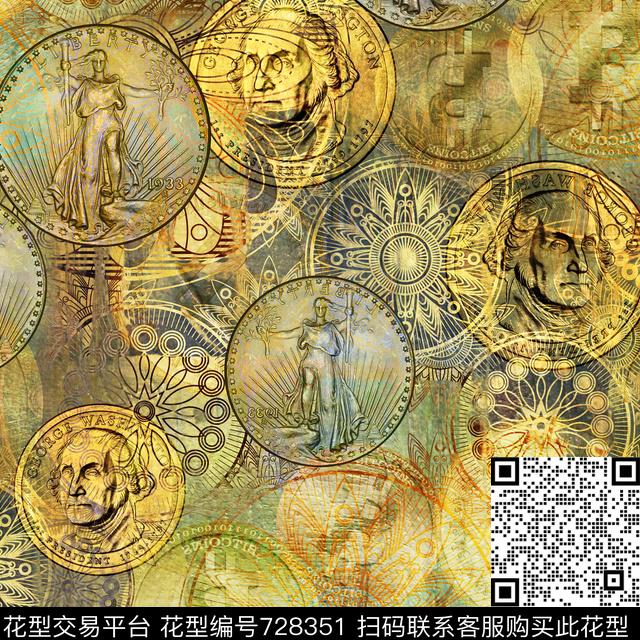 钱币金币金属圈数码印花花型下载（图片编号: 728351） - 瓦栏（Walan）