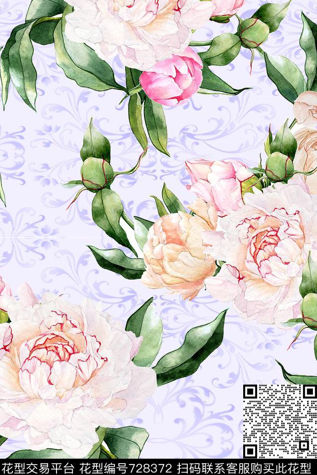 时尚花卉牡丹玫瑰数码印花花型下载（图片编号: 728372） - 瓦栏（Walan）