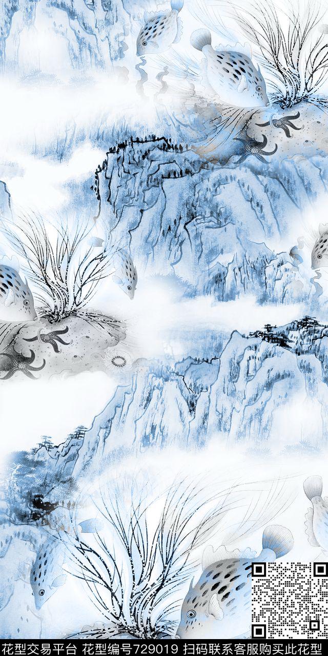 2.jpg - 729019 - 中国风 山水水墨 青花瓷 - 数码印花花型 － 女装花型设计 － 瓦栏