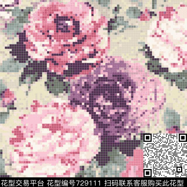 马赛克大花定位花数码印花花型下载（图片编号: 729111） - 瓦栏（Walan）