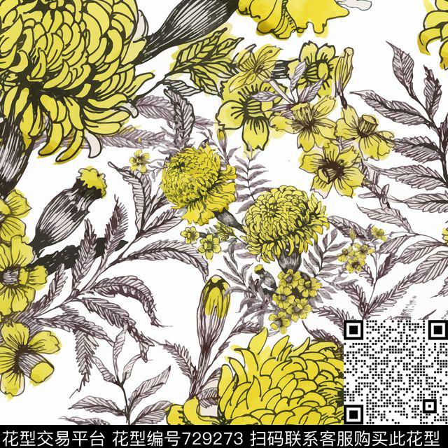 水墨花卉传统印花花型下载（图片编号: 729273） - 瓦栏（Walan）