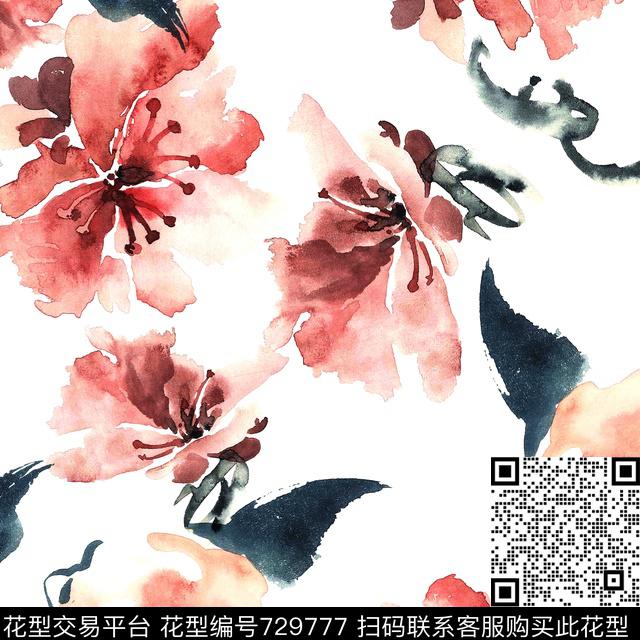水墨花卉数码印花花型下载（图片编号: 729777） - 瓦栏（Walan）