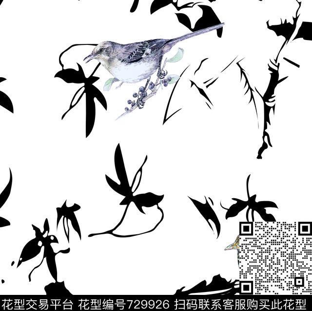 手绘鸟.tif - 729926 - 手绘花 花卉 鸟 - 数码印花花型 － 女装花型设计 － 瓦栏