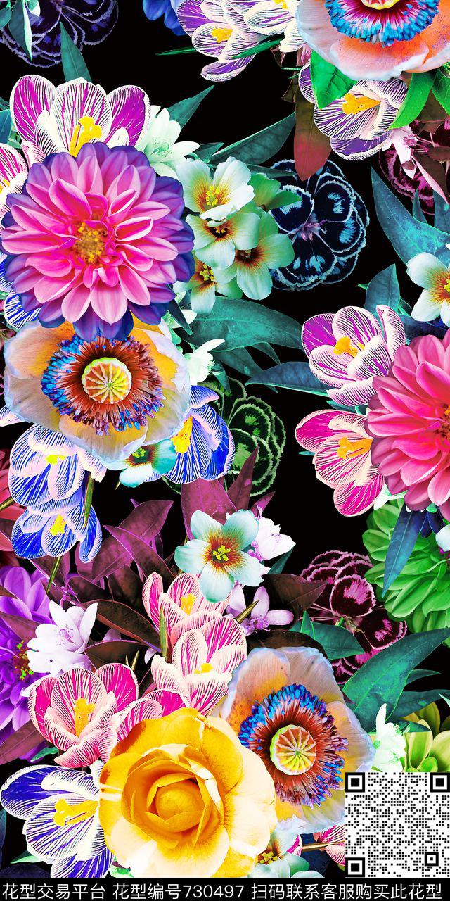 Morning-100216-LCX.tif - 730497 - 花卉 各种花卉 黑底 - 数码印花花型 － 女装花型设计 － 瓦栏