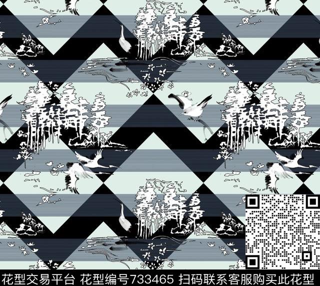 国画中式纹样仙鹤传统印花花型下载（图片编号: 733465） - 瓦栏（Walan）