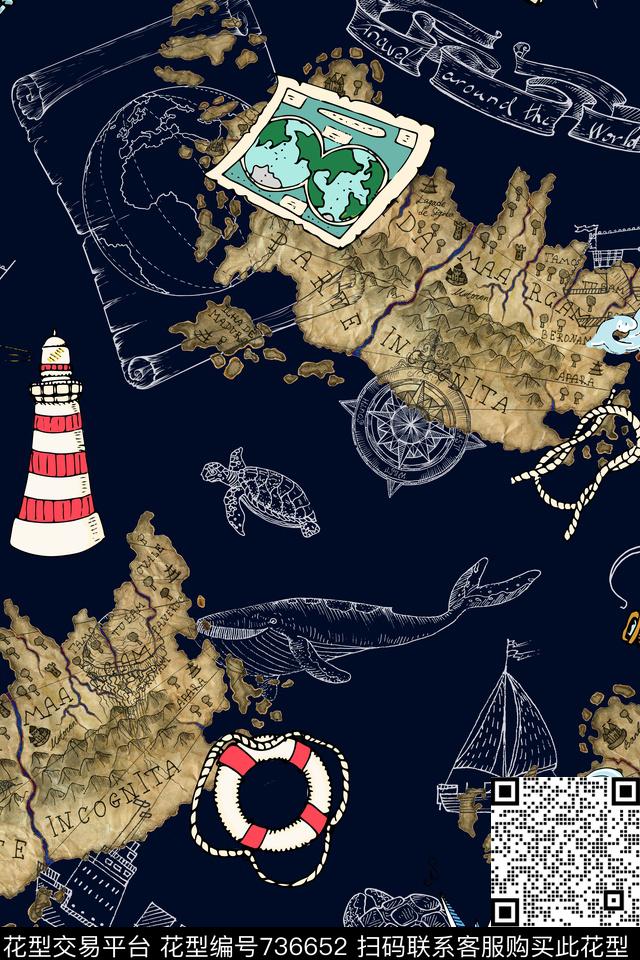 W17-1.jpg - 736652 - 航海风情 藏宝图地图 海洋救生圈指南针 - 数码印花花型 － 女装花型设计 － 瓦栏