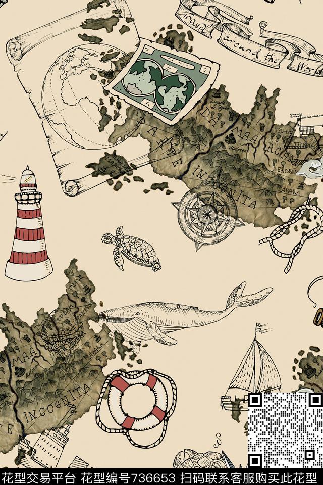 W17-2.jpg - 736653 - 航海风情 藏宝图地图 海洋救生圈指南针 - 数码印花花型 － 女装花型设计 － 瓦栏