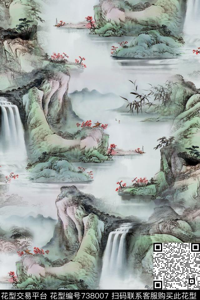 YD00060041-02.jpg - 738007 - 数码艺术花卉 中国风 山水画 - 数码印花花型 － 女装花型设计 － 瓦栏