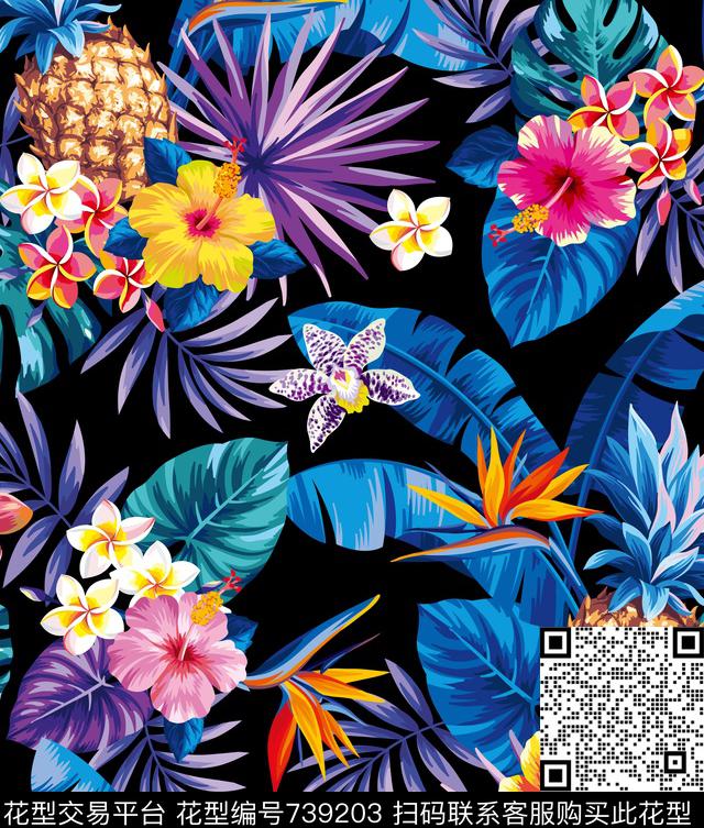 热带花卉数码印花花型下载（图片编号: 739203） - 瓦栏（Walan）