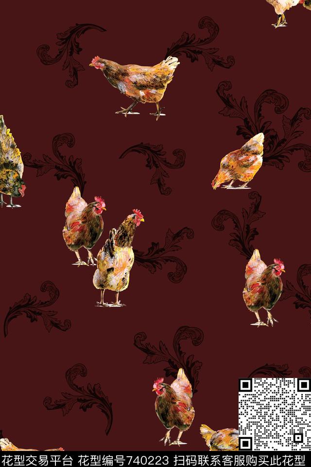 动物纹鸡复古数码印花花型下载（图片编号: 740223） - 瓦栏（Walan）
