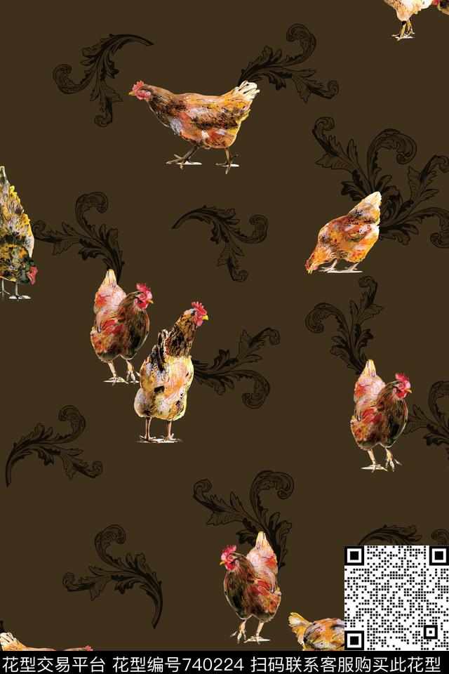 动物纹鸡复古数码印花花型下载（图片编号: 740224） - 瓦栏（Walan）