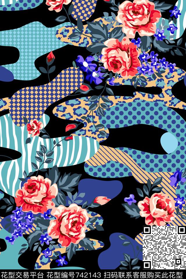 G4豹纹小碎花-1.jpg - 742143 - 迷彩 动物纹豹纹 花卉 - 传统印花花型 － 女装花型设计 － 瓦栏