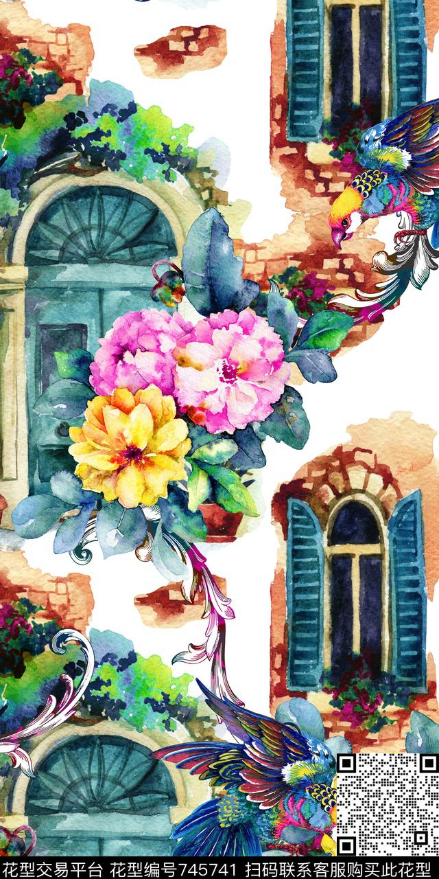 W33-1.jpg - 745741 - 巴洛克卷草花 水彩风景房子窗户 欧式田园风 - 数码印花花型 － 女装花型设计 － 瓦栏