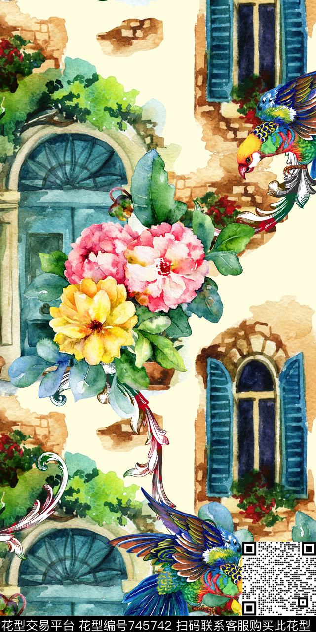W33-2.jpg - 745742 - 巴洛克卷草花 水彩风景房子窗户 欧式田园风 - 数码印花花型 － 女装花型设计 － 瓦栏