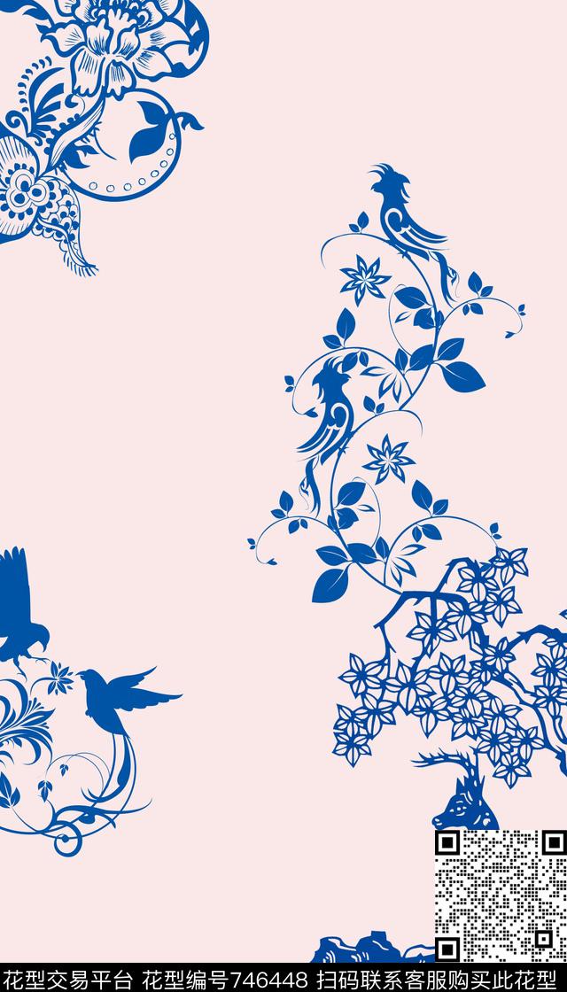 青花花纹鹿.jpg - 746448 - 青花瓷 鹿 花纹 - 传统印花花型 － 女装花型设计 － 瓦栏