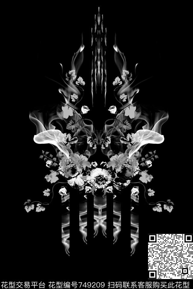 16112610 - 749209 - 黑白 花卉 几何 - 数码印花花型 － 男装花型设计 － 瓦栏