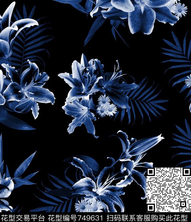 时尚流行植物花卉百合花花型.jpg - 749631 - 花卉 百合 叶子 - 数码印花花型 － 男装花型设计 － 瓦栏