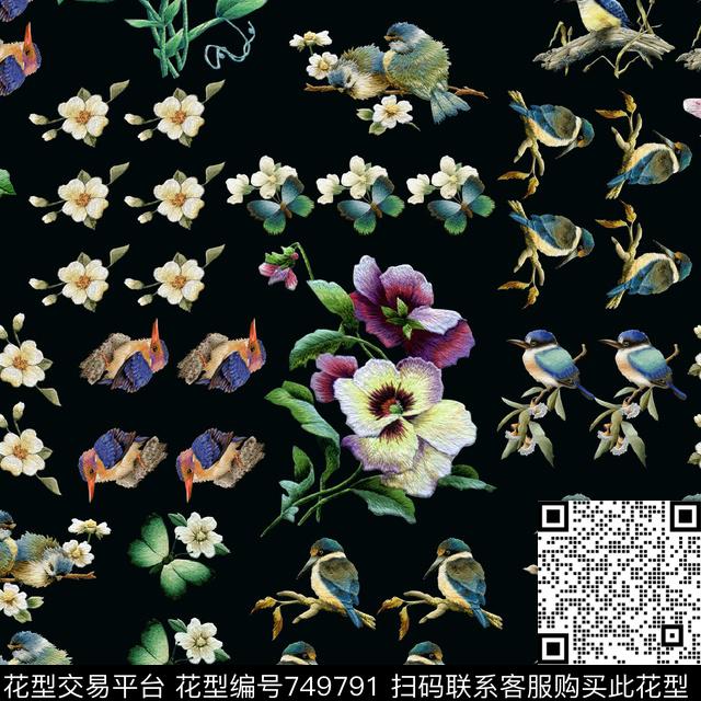 刺绣鸟花卉数码印花花型下载（图片编号: 749791） - 瓦栏（Walan）