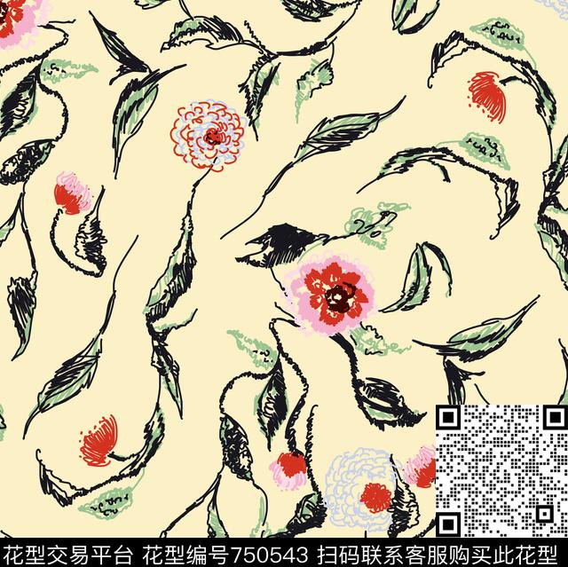 花版16.tif - 750543 - 水彩花卉 田园花卉 抽象 - 传统印花花型 － 女装花型设计 － 瓦栏
