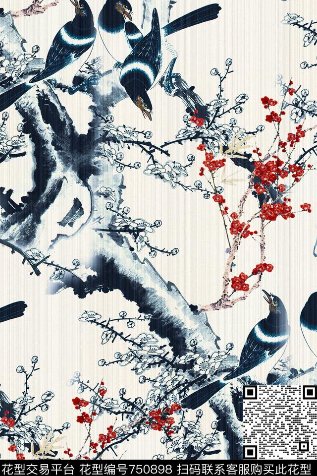W35-1.jpg - 750898 - 中国风工笔画 花鸟画写意 香云纱旗袍精品女装印花花型 - 数码印花花型 － 女装花型设计 － 瓦栏