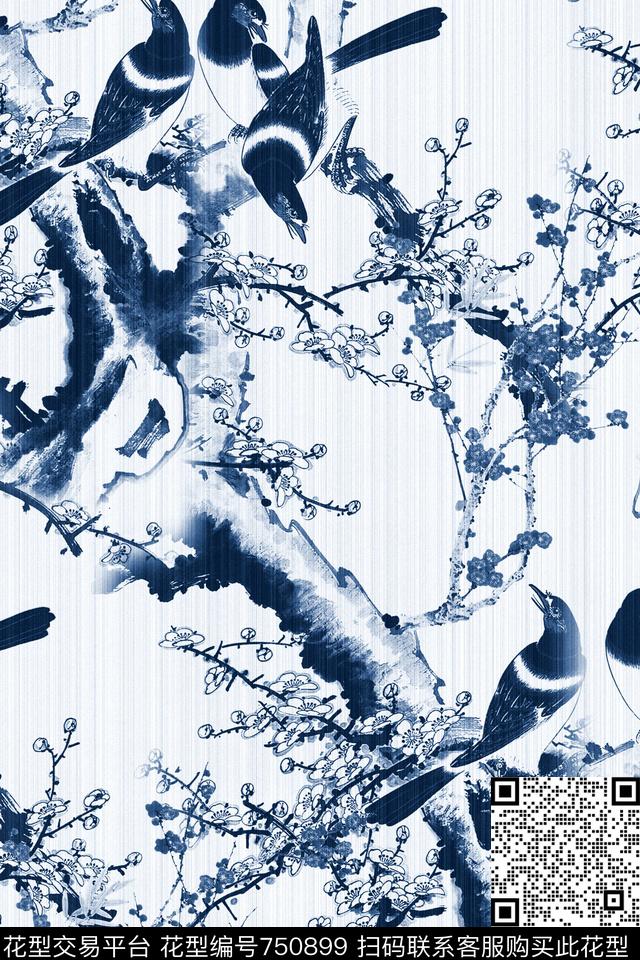W35-2.jpg - 750899 - 中国风工笔画 花鸟画写意 香云纱旗袍精品女装印花花型 - 数码印花花型 － 女装花型设计 － 瓦栏