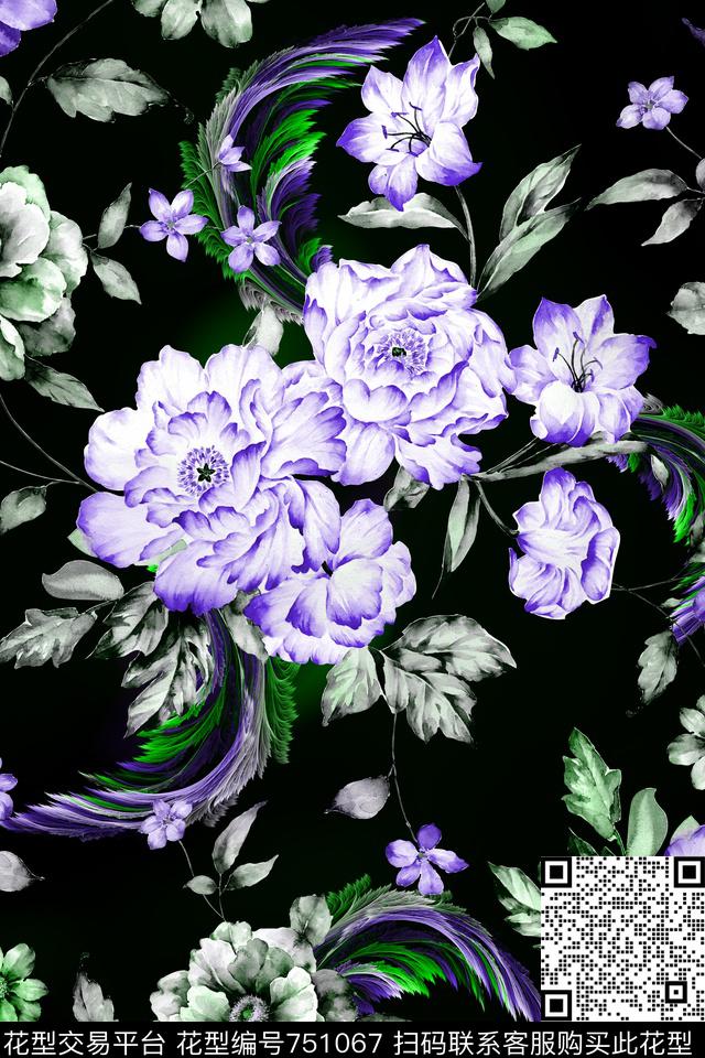W41-3.jpg - 751067 - 抽象羽毛翅膀 黑底花卉 蓝紫色花朵 - 数码印花花型 － 女装花型设计 － 瓦栏