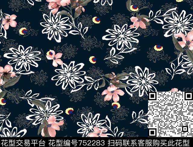 手绘花卉矢量花卉小几何数码印花花型下载（图片编号: 752283） - 瓦栏（Walan）
