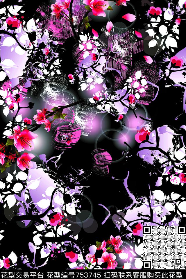 桃花-黑底.jpg - 753745 - 桃花 花朵 花卉 - 数码印花花型 － 女装花型设计 － 瓦栏