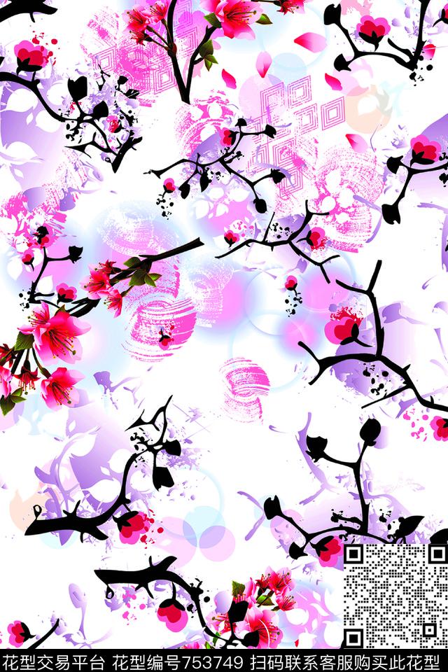 桃花-白底.jpg - 753749 - 桃花 花朵 花卉 - 数码印花花型 － 女装花型设计 － 瓦栏