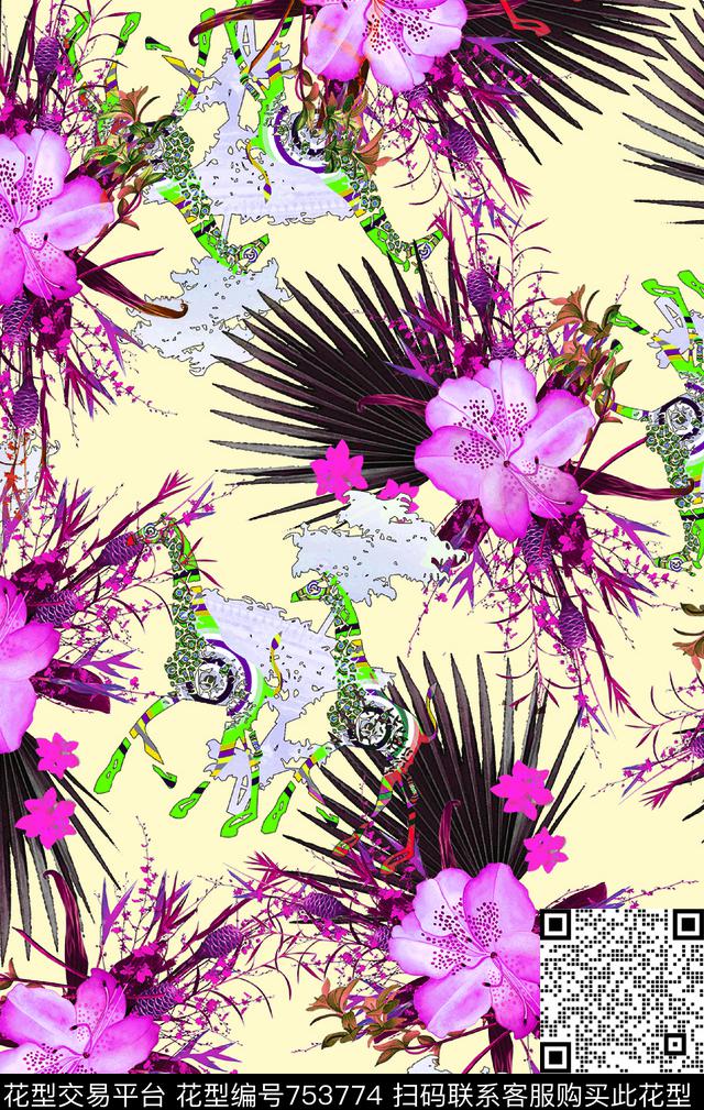 棕榈花-杏底.jpg - 753774 - 花卉 棕榈花 - 数码印花花型 － 女装花型设计 － 瓦栏