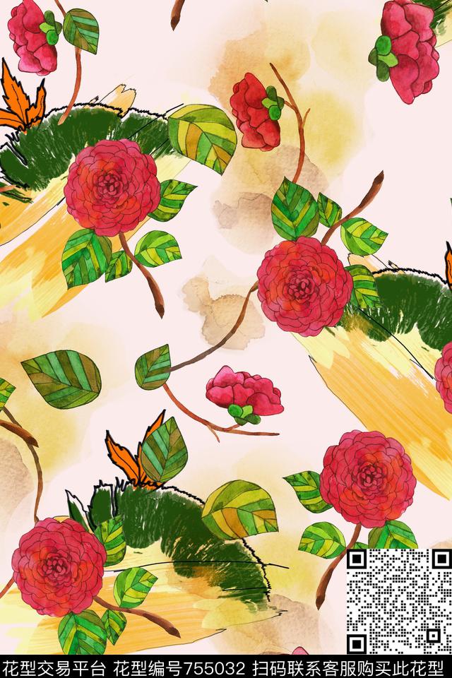 手绘红花斑叶梗.jpg - 755032 - 雏菊 花卉 斑叶、红花、 - 数码印花花型 － 女装花型设计 － 瓦栏