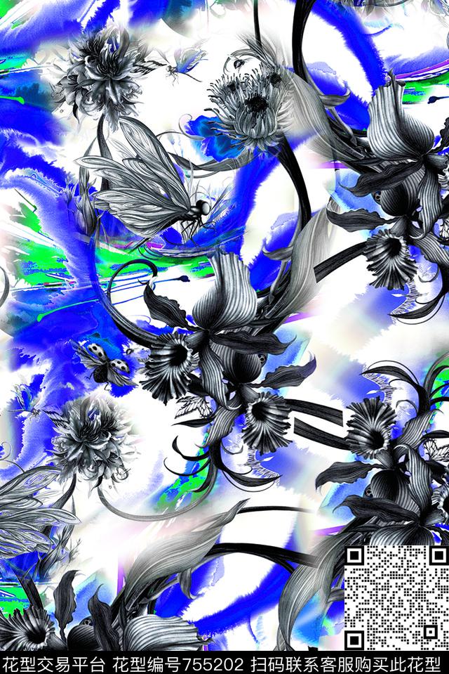 彩色笔刷-蓝色.jpg - 755202 - 笔刷花卉 - 数码印花花型 － 女装花型设计 － 瓦栏