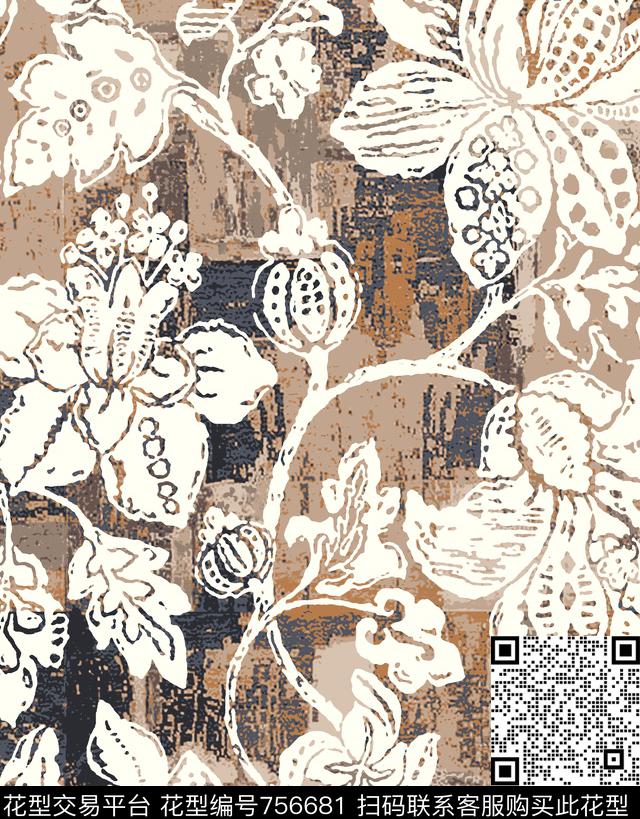 001.tif - 756681 - 大花 肌理 斑驳 - 传统印花花型 － 沙发布花型设计 － 瓦栏