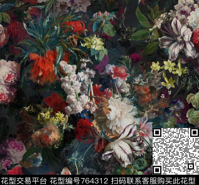 玫瑰雏菊热带树木数码印花花型下载（图片编号: 764312） - 瓦栏（Walan）