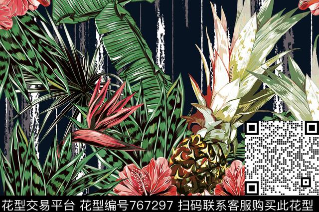 JX00152菠萝花.jpg - 767297 - 热带花卉 春夏女装 水果元素 - 传统印花花型 － 女装花型设计 － 瓦栏